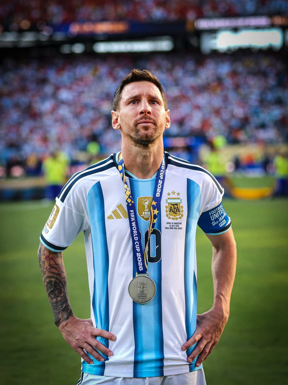 Lionel Messi wearing a World Cup 2026 medal, hands on hips, on the pitch