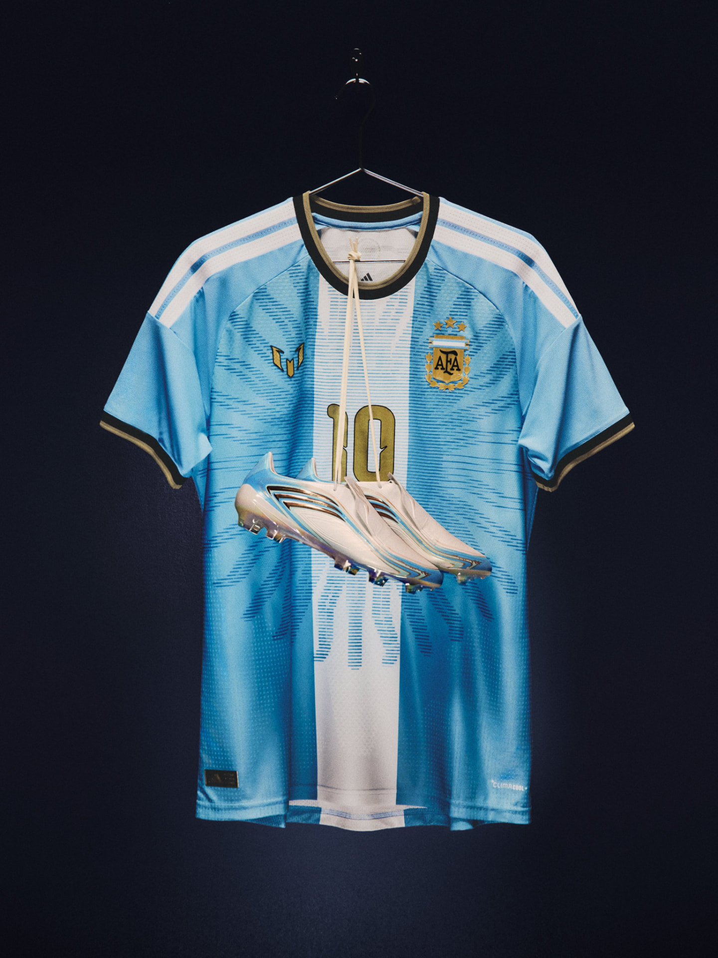 Special edition Argentina number 10 jersey with boots hanging from it